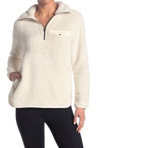 TE VERDE Faux Shearling Quarter Zip Pullover Cream White XS